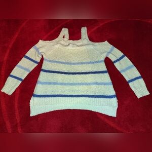 cupcakes & cashmere Cream and Blue Off-Shoulder Sweater